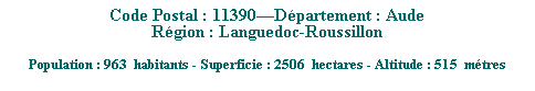 Zone de Texte: Code Postal : 11390Dpartement : Aude
Rgion : Languedoc-Roussillon
 
Population : 963  habitants - Superficie : 2506  hectares - Altitude : 515  mtres 
