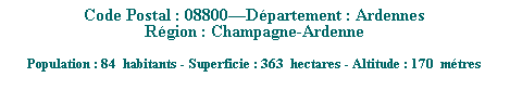 Zone de Texte: Code Postal : 08800Dpartement : Ardennes
Rgion : Champagne-Ardenne
 
Population : 84  habitants - Superficie : 363  hectares - Altitude : 170  mtres 
